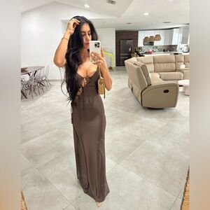 Satin maxi dress in chocolate